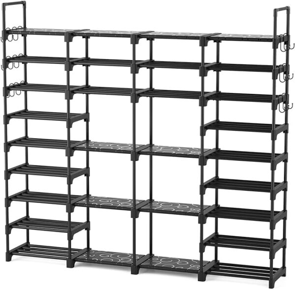 ROJASOP Large Shoe Rack Organizer for Entryway Closet 64-68 pairs 9-Tier Heavy Duty Tall Shoe Shelf Shoes Storage with 18 Pcs Removable Side Hooks for Bedroom and Garage Black 1