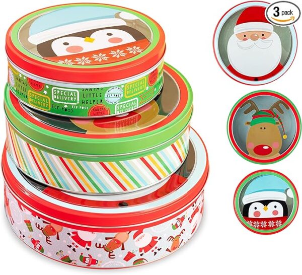 Plum Designs Christmas Cookie Tins- 3 Round Christmas Cookie Tins with Lids for Gift Giving, Christmas Tins Holiday Cookie Boxes, Christmas Tins for Cookies and Gifts (Classic Merry Christmas Theme) 1