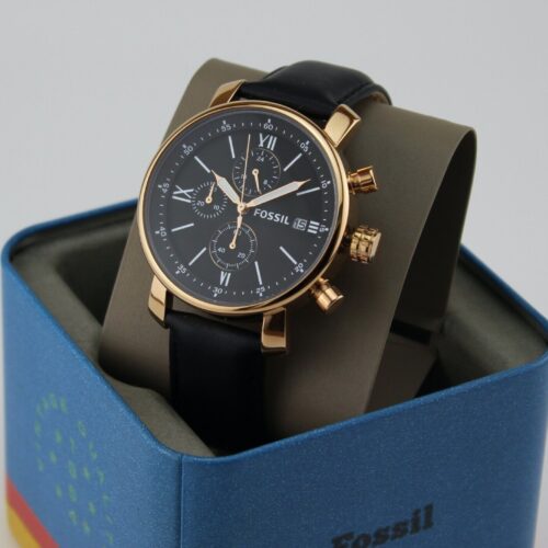 NEW AUTHENTIC FOSSIL RHETT CHRONOGRAPH ROSE GOLD BLACK LEATHER MENS BQ1008 WATCH