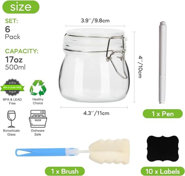 EkkoVla 17 oz Glass Jars with Airtight Lids, Set of 6 Food Storage Containers, Round Glass Canisters for Pasta, Coffee, Candy, Flour, Cereal, Dog Treats, Snacks 3