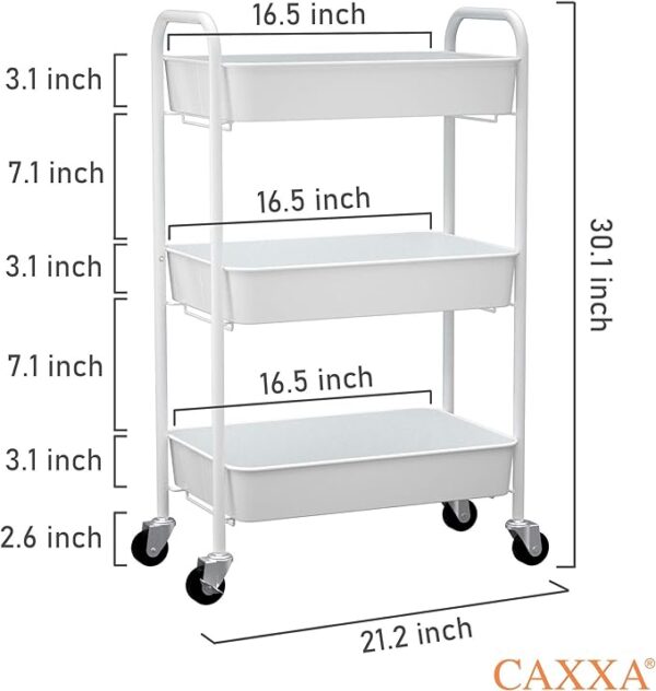 CAXXA 3-Tier Rolling Metal Storage Organizer - Mobile Utility Cart Kitchen Cart with Caster Wheels, White 3