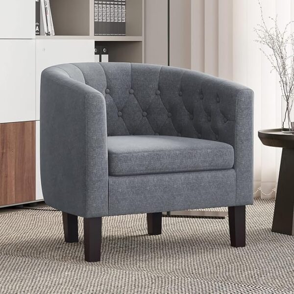 BELLEZE Gray Accent Chairs for Living Room, Elegant Arm Chair Upholstered Tufted Barrel Chair Club Chair for Bedroom with Sturdy Legs and Linen Fabric - Berlinda (Gray) 3
