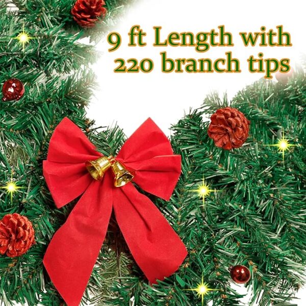 ATDAWN 9 FT Christmas Garland, Battery Operated Prelit Garland with Pine Cones, Christmas Balls, and Red Bows, Christmas Collection with White Lights for Indoor Outdoor 3
