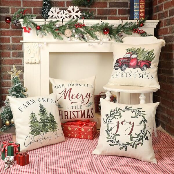 WODOHOLO Christmas Red Truck Tree Pillow Covers, Christmas Outdoor Pillow Covers Set of 4 Farmhouse Xmas Decor Rustic Cushion Case for Home Sofa Bed Chair 18x18 3