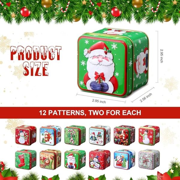 Lallisa 24 Pcs Christmas Cookie Tins with Lids 12 Styles Square Xmas Candy Tin Set Small Metal Candy Box Mini Tinplate Cookie Candy Boxes for Gift Giving Holiday Party Favors, 2.95 x 2.95 x 2.56 Inch 3