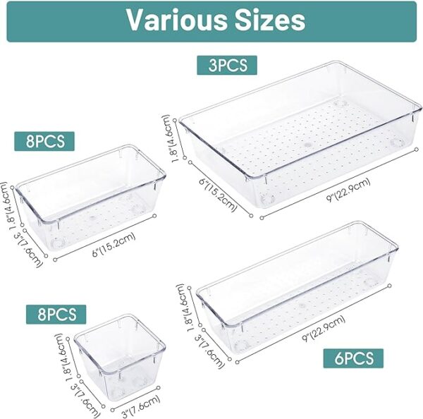 WOWBOX 25 PCS Clear Plastic Drawer Organizer Set, 4 Sizes Desk Drawer Divider Organizers and Storage Bins for Makeup, Jewelry, Gadgets for Kitchen, Bedroom, Bathroom, Office 3