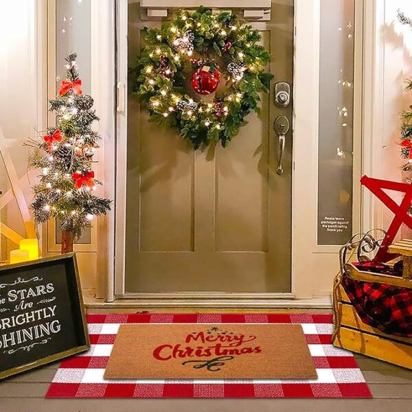 Christmas Red and White Plaid Rug - 28 x 43 Inches Outdoor Front Door Decor Mat Cotton Washable Hand-Woven Rug Christmas New Year Holiday Porch Entryway Layered Doormat 3