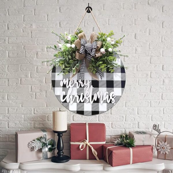 Vofuly Christmas Wreath Signs,Wood Door Sign, Buffalo Plaid Front Door decor, Farmhouse Wall Decor, Christmas Door Hanger, Christmas door hanging outside Decorations (Black with White) 3