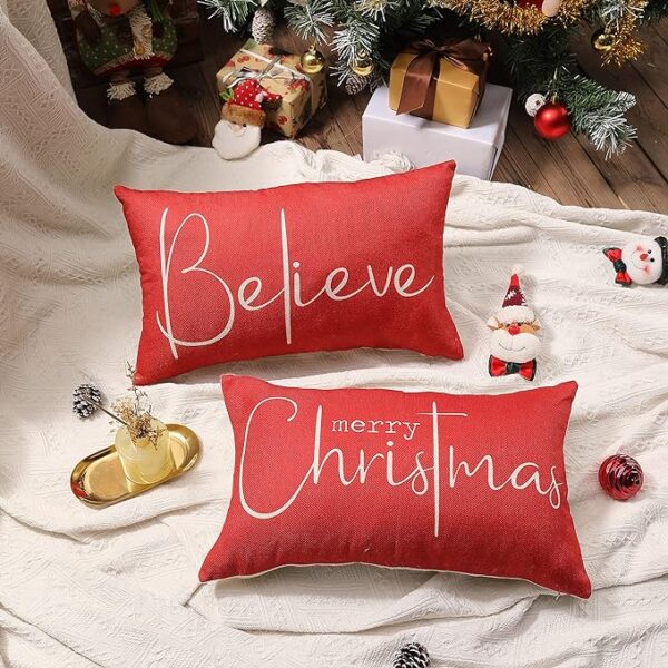 Christmas Throw Pillow Covers 12x20 Inch Set of 2 Merry Christmas Farmhouse Decorations Believe Holiday Decor Throw Cushion Case for Home Couch 3