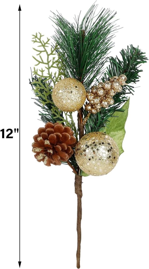 DR.DUDU Christmas 6 Pack 12'' Elegant Faux Picks Evergreen Sprigs + Gold & Silver Globe Ornaments + Pine Cone + Green Poinsettia Leaf + Mini Gold Balls (Gold) 3