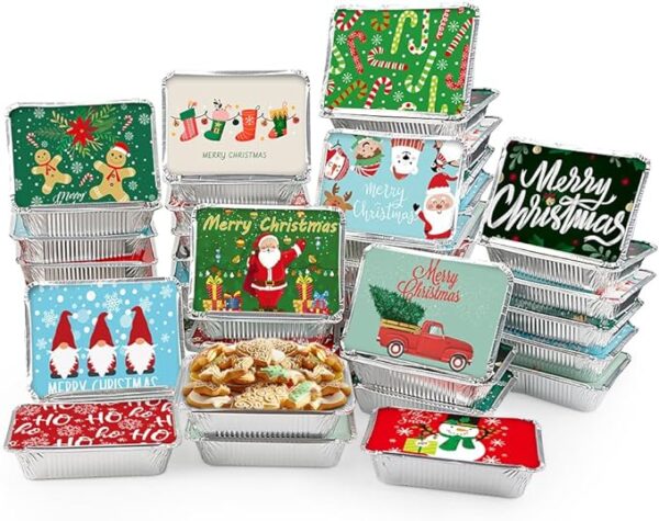 AKEROCK 50 PCS Christmas Cookie Tins with Lid, Foil Treat Containers for Holiday Gift Giving and Food Storage - Christmas Cookie Containers 3