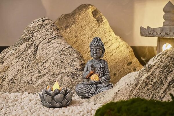 TERESA'S COLLECTIONS Meditating Buddha Statue and Lotus Lantern Garden Statue with Solar Lights, Set of 2 Rustic Buddha Outdoor Statue Spiritual Zen Garden Decor for Patio Porch Yard Decorations 3