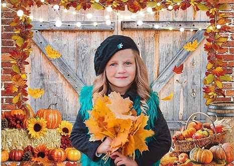 Dudaacvt 7x5FT Fall Thanksgiving Backdrop Autumn Pumpkin Harvest Barn Door Photography Backdrop Maple Leaves Haystack Thanksgiving Party Decorations Backdrop 3