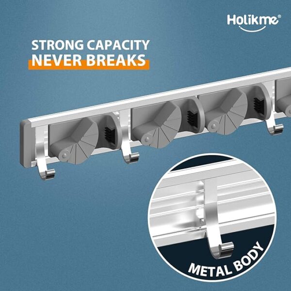 Holikme Mop Broom Holder Wall Mount Metal Pantry Organization and Storage Garden Kitchen Tool Organizer Wall Hanger for Home Goods (4 Positions with 4 Hooks, Silver) 3