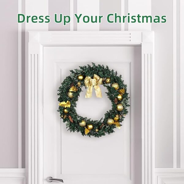 Christmas Wreath with Hanger for Front Door & 50 Battery Operated LED Lights & Gold Bowknot & Pine Cones & Gold Balls & Berries, Pre-Lit Artificial Wreath, Winter Xmas Wreaths(24 Inches) Brand: Emorefun 3
