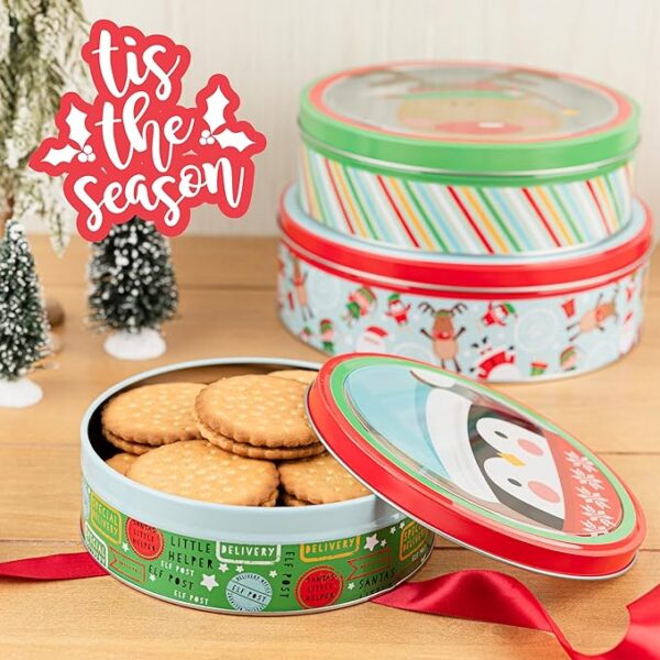 Plum Designs Christmas Cookie Tins- 3 Round Christmas Cookie Tins with Lids for Gift Giving, Christmas Tins Holiday Cookie Boxes, Christmas Tins for Cookies and Gifts (Classic Merry Christmas Theme) 3