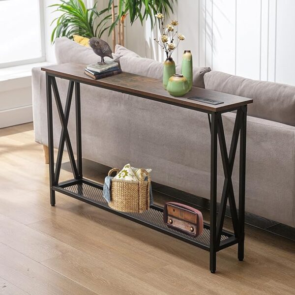Forevich Console Table Sofa Entryway Couch Table with USB Power Outlet for Living Room Hallway Mesh Shelf 47 Inch Rustic Brown 3