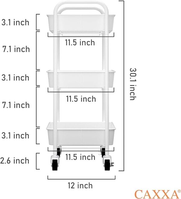 CAXXA 3-Tier Rolling Metal Storage Organizer - Mobile Utility Cart Kitchen Cart with Caster Wheels, White 2