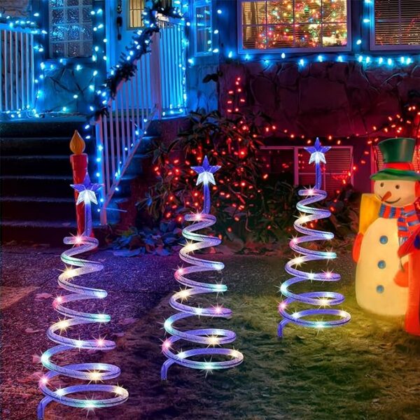 Juegoal Lighted Spiral Christmas Trees 3 Pcs, 15 Inch Outdoor Light Up Xmas Pathway Markers with Colorful Lights, 8 Modes & Timer, Battery Powered Christmas Path Lights for Patio Yard Walkway Driveway 4