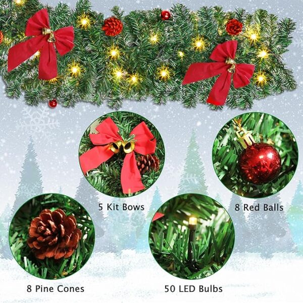 ATDAWN 9 FT Christmas Garland, Battery Operated Prelit Garland with Pine Cones, Christmas Balls, and Red Bows, Christmas Collection with White Lights for Indoor Outdoor 4