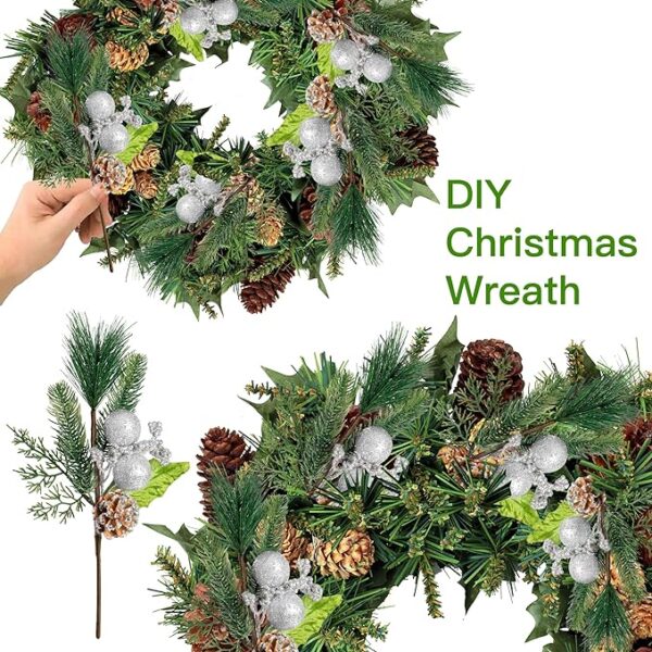 Sggvecsy 6 Pack Artificial Christmas Glittery Picks Faux Berries Pine Stems Red Berry Pine Branches with Pine Cones Shining Balls for Xmas Tree Wreath DIY Craft Floral Arrangement Decor (Silver) 4