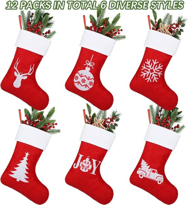 Hiwooii 12 Pack Christmas Stockings 15 Inch Felt Red Christmas Stockings with Reindeer Snowflake Pattern Xmas Hanging Stockings for Christmas T 4