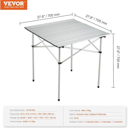 VEVOR Folding Camping Table, Outdoor Portable Lightweight Aluminum Ultra Compact Snap-Together Design with Carry Bag, for Cooking, Beach, Picnic, Travel, Grilling, 28'' x 28'', Silver