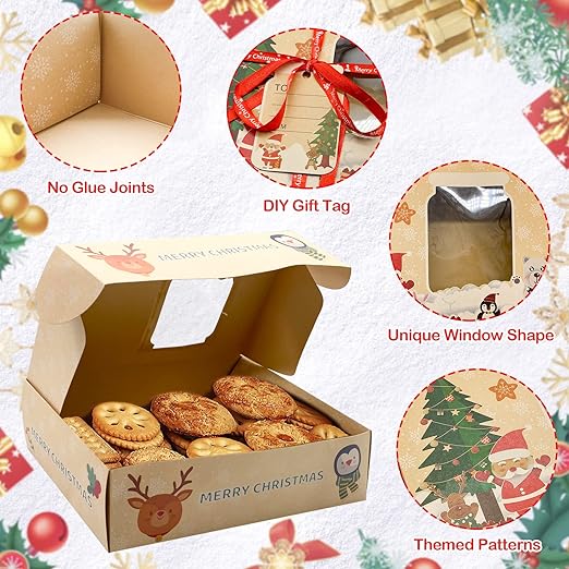 12 Packs Brown Christmas Cookie Boxes with Window for Gift Giving,Cartoon Christmas tree/snow man/penguin background Holiday Bakery Treat Boxes Gift Baking Box Christmas Kraft Gift Boxes with Ribbons and DIY Gift Tags, Pastry, Candy, Party Favors (Small) 4