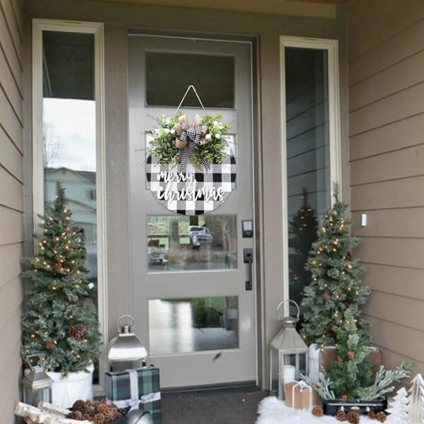 Vofuly Christmas Wreath Signs,Wood Door Sign, Buffalo Plaid Front Door decor, Farmhouse Wall Decor, Christmas Door Hanger, Christmas door hanging outside Decorations (Black with White) 4