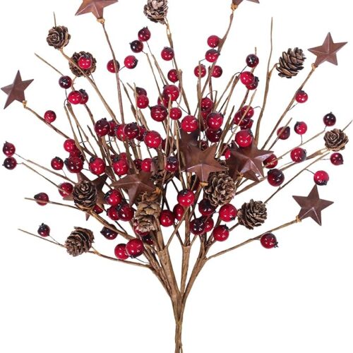 Winlyn 4 Pcs Rusty Star and Pip Berry Spray Christmas Flower Arrangement Centerpiece Arrangement Christmas Display