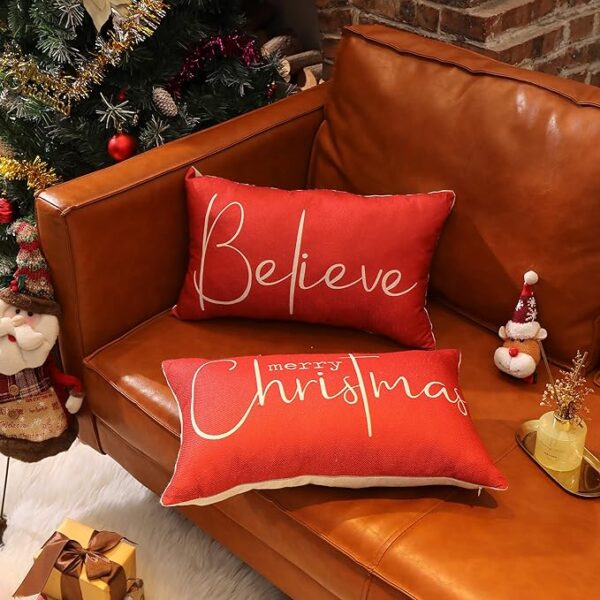 Christmas Throw Pillow Covers 12x20 Inch Set of 2 Merry Christmas Farmhouse Decorations Believe Holiday Decor Throw Cushion Case for Home Couch 4