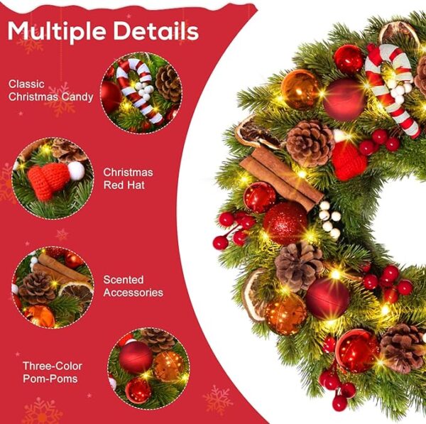 Quntis 16 Inch Christmas Wreath with 40 Lights 8 Modes, Lovely Christmas Door Wreath Decorations Artificial Xmas Wreath with PineCones Dried Lemon Pieces, Winter Wreaths Outdoor Porch Fireplace Window 4