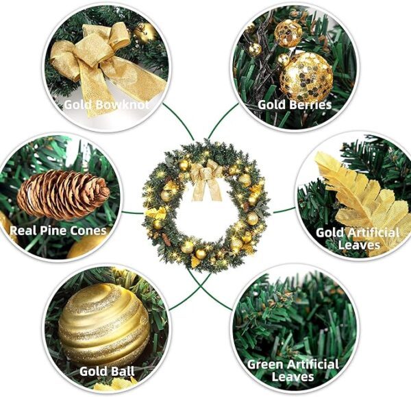 Christmas Wreath with Hanger for Front Door & 50 Battery Operated LED Lights & Gold Bowknot & Pine Cones & Gold Balls & Berries, Pre-Lit Artificial Wreath, Winter Xmas Wreaths(24 Inches) Brand: Emorefun 4