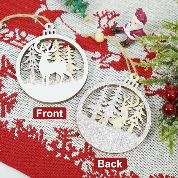 Christmas Tree Ornaments, 9 Pack Wooden Christmas Ornaments Winter Wonderland Reindeer Santa Snowman Double Glitter Hanging Christmas Tree Decorations for Winter Holiday Party Decor 5