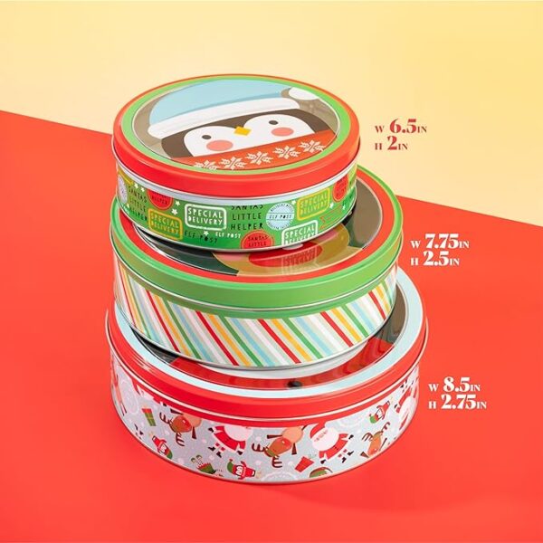 Plum Designs Christmas Cookie Tins- 3 Round Christmas Cookie Tins with Lids for Gift Giving, Christmas Tins Holiday Cookie Boxes, Christmas Tins for Cookies and Gifts (Classic Merry Christmas Theme) 4
