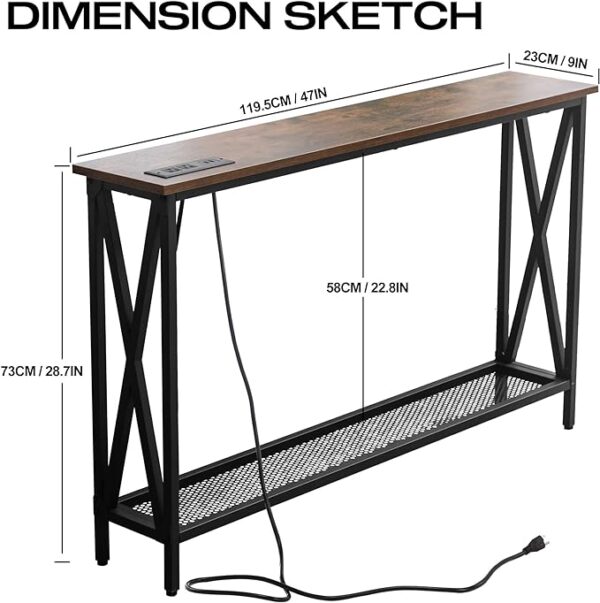 Forevich Console Table Sofa Entryway Couch Table with USB Power Outlet for Living Room Hallway Mesh Shelf 47 Inch Rustic Brown 4