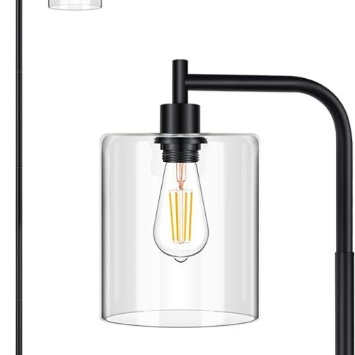 MAXvolador Industrial Floor Lamp, Modern Standing Lamps with Hanging Clear Glass Shade, Classic Reading Tall Pole Light for Living Room Bedroom Office Study Room Farmhouse, Black