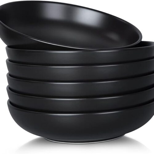51sZr7qR-aL._AC_SX679_ Cibeat 22 Ounce Porcelain Pasta Bowls Set 6 Pack Premium Black Ceramic Large Capacity Plates for Salad and Soup, Serving Bowl, Microwave & Dishwasher Safe