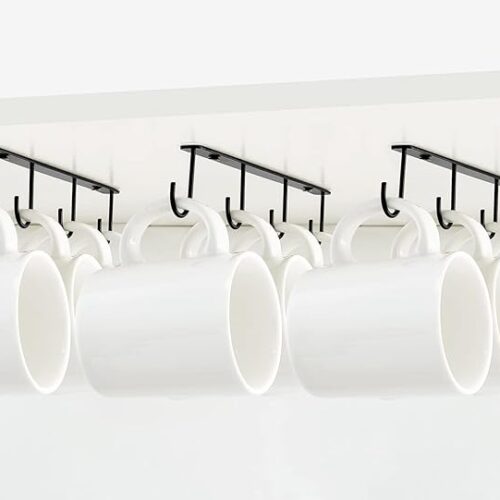 Mkono Under Cabinet Mug Hanger Set of 3 Metal Mug Hooks Coffee Cup Holder with 12 Hooks Simple Coffee Mug Organizer for Cabinet Shelf Modern Mug Storage Display Rack for Kitchen Coffee Bar, Black