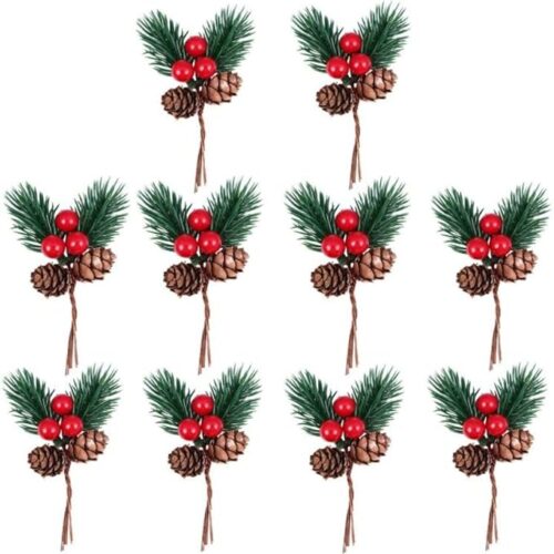 61-QO8XTvtL._AC_SX679_ Christmas Pine Cone Picks Decorations 10 Pack Artificial Christmas Picks and Sprays Red Berry Stem Branches with Holly Leaves for Xmas Tree Christmas Wreath Decor (10)