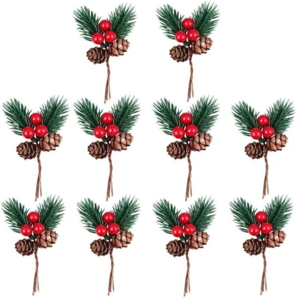 Christmas Pine Cone Picks Decorations 10 Pack Artificial Christmas Picks and Sprays Red Berry Stem Branches with Holly Leaves for Xmas Tree Christmas Wreath Decor (10) 1