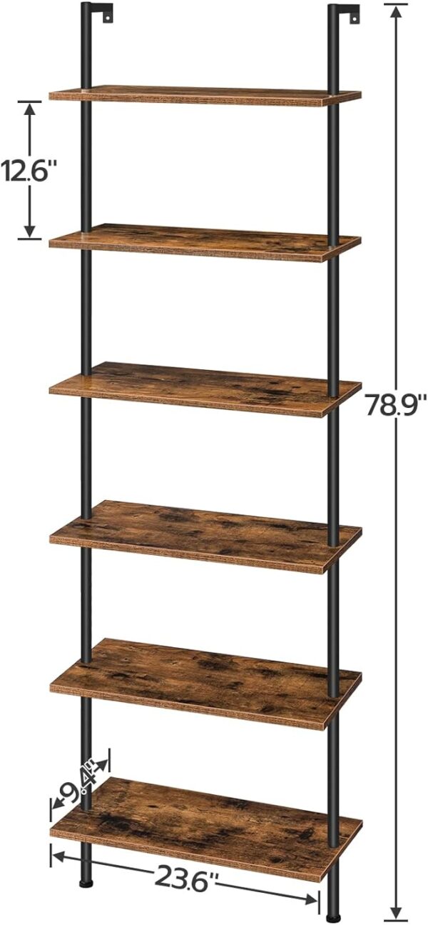 HOOBRO DIY Ladder Shelf, 6-Tier Wall Mounted Bookshelf, Office Vertical Bookcase, Wooden Storage Shelves for Home Office, Bedroom, Rustic Brown and Black BF65CJ01 1