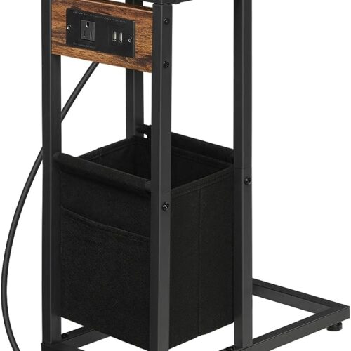 HOOBRO C Shaped Side Table with Charging Station, Foldable End Table with Fabric Bag, Sofa Couch Table Coffee Table Snack Table for Small Space Living Room, Bedroom, Rustic Brown and Black BF30USF01
