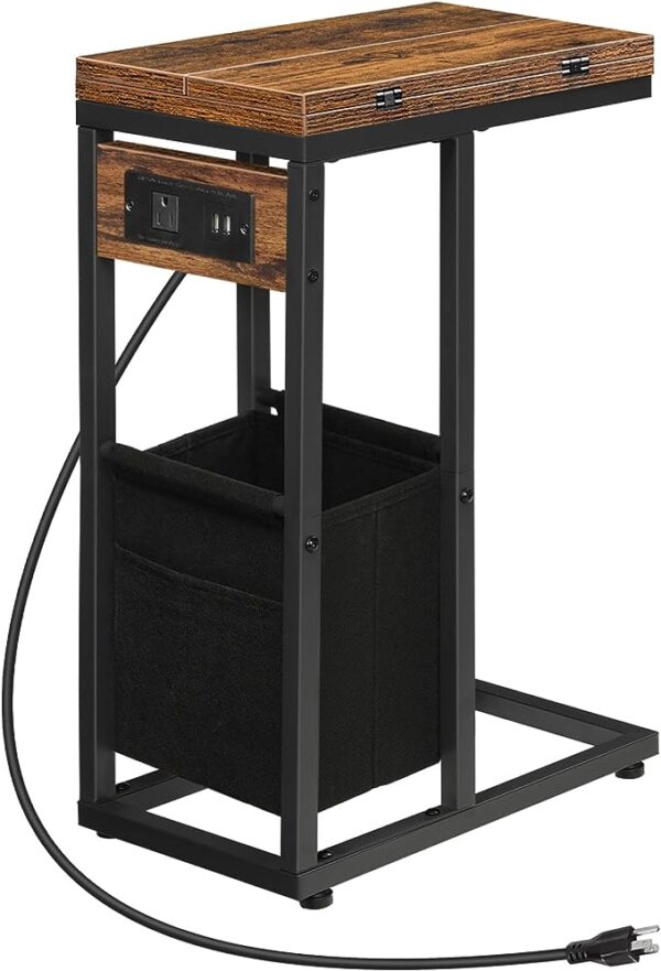 HOOBRO C Shaped Side Table with Charging Station, Foldable End Table with Fabric Bag, Sofa Couch Table Coffee Table Snack Table for Small Space Living Room, Bedroom, Rustic Brown and Black BF30USF01 1