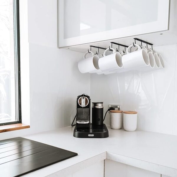 Mkono Under Cabinet Mug Hanger Set of 3 Metal Mug Hooks Coffee Cup Holder with 12 Hooks Simple Coffee Mug Organizer for Cabinet Shelf Modern Mug Storage Display Rack for Kitchen Coffee Bar, Black 3