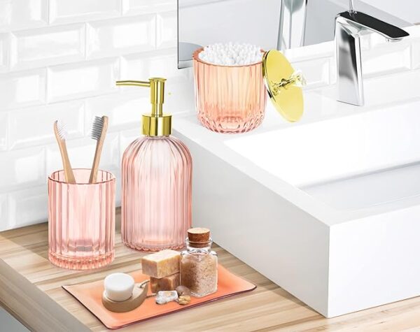 Bathroom Accessories Set, 4 Pcs Glass Bathroom Accessories Sets Complete w/Lotion Soap Dispenser, Toothbrush Holder, Apothecary Jar, Vanity Tray, Modern Bathroom Decor, Gift for Home Apartment- Pink 3