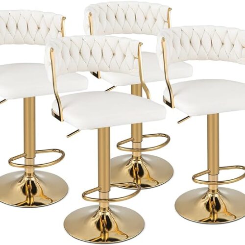 COSTWAY Velvet Adjustable Bar Stools Set of 2, Max Load 400 Lbs, Modern Upholstered Swivel Barstools with Woven Back, Footrests, Adjustable Height Bar Chairs for Kitchen Island Cafe Pub, Beige+Gold