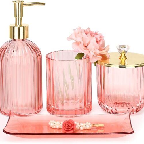 Bathroom Accessories Set, 4 Pcs Glass Bathroom Accessories Sets Complete w/Lotion Soap Dispenser, Toothbrush Holder, Apothecary Jar, Vanity Tray, Modern Bathroom Decor, Gift for Home Apartment- Pink