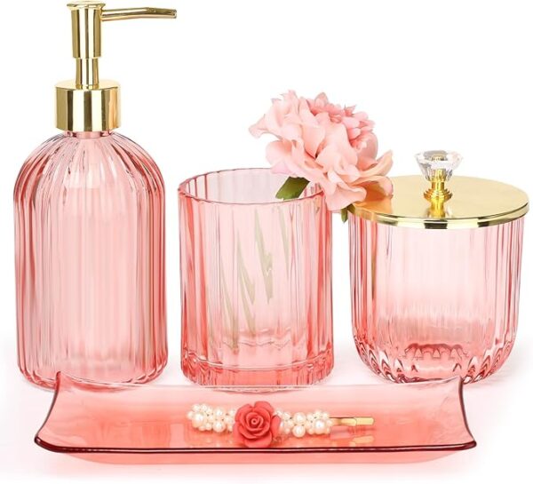 Bathroom Accessories Set, 4 Pcs Glass Bathroom Accessories Sets Complete w/Lotion Soap Dispenser, Toothbrush Holder, Apothecary Jar, Vanity Tray, Modern Bathroom Decor, Gift for Home Apartment- Pink 1
