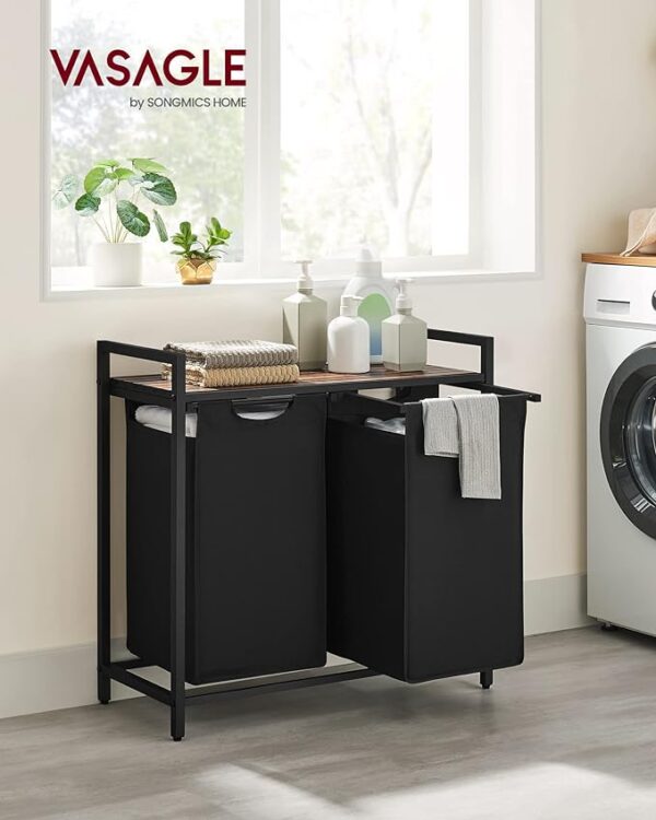VASAGLE Laundry Hamper, Laundry Basket, Laundry Sorter with 2 Pull-Out and Removable Bags, Shelf, Metal Frame, 2 x 12.1 Gallons (46L), 28.8 x 13 x 28.4 Inches, Rustic Brown and Black UBLH201B01 3